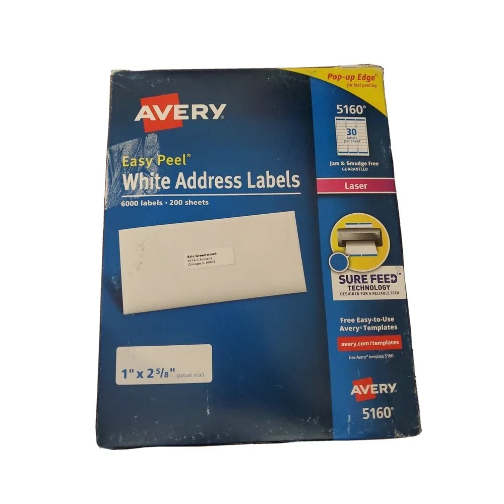 6000 Labels Avery 5160 Easy Peel White Address Labels Laser Printers 1 x 2 5/8